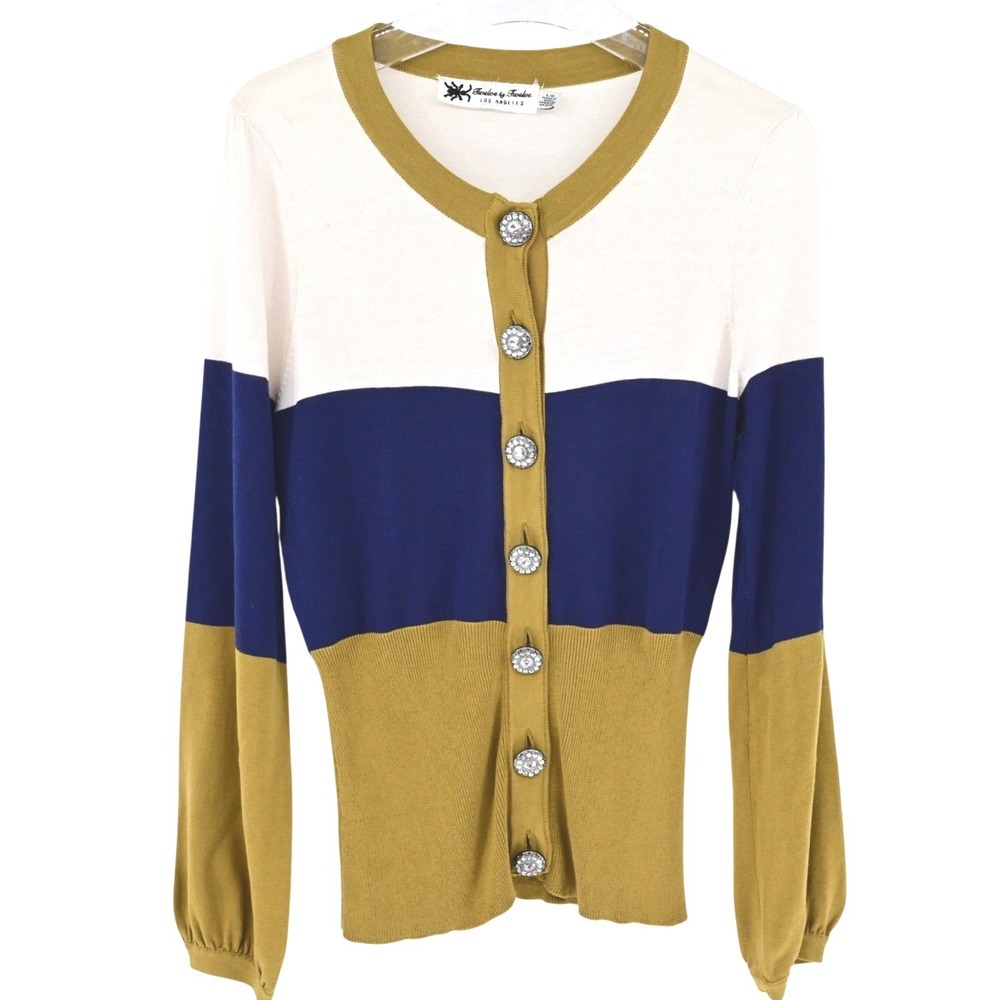 Vintage Preppy Silk/Cotton Color Block Cardigan Rhinestone Button Sweater